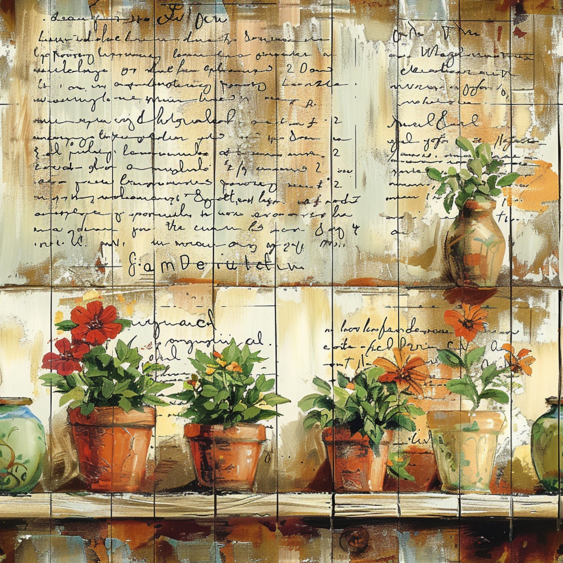 terracotta pots, flowering plants, garden scene, handwritten script, vintage vases, botanical illustration, warm browns, sage green, burnt orange, red flowers, potted herbs, rustic shelving, weathered background, quilting cotton, fabric panel, farm life, country garden, earthy tones, aged patina, cottage style
