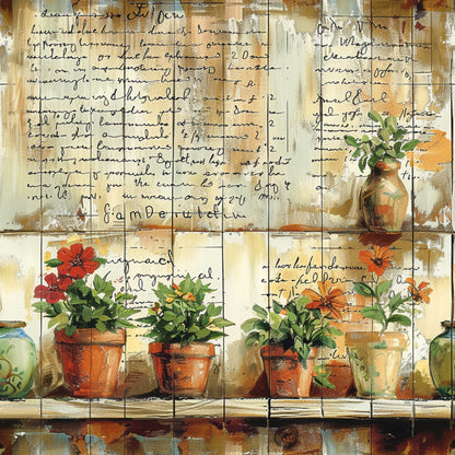 terracotta pots, flowering plants, garden scene, handwritten script, vintage vases, botanical illustration, warm browns, sage green, burnt orange, red flowers, potted herbs, rustic shelving, weathered background, quilting cotton, fabric panel, farm life, country garden, earthy tones, aged patina, cottage style
