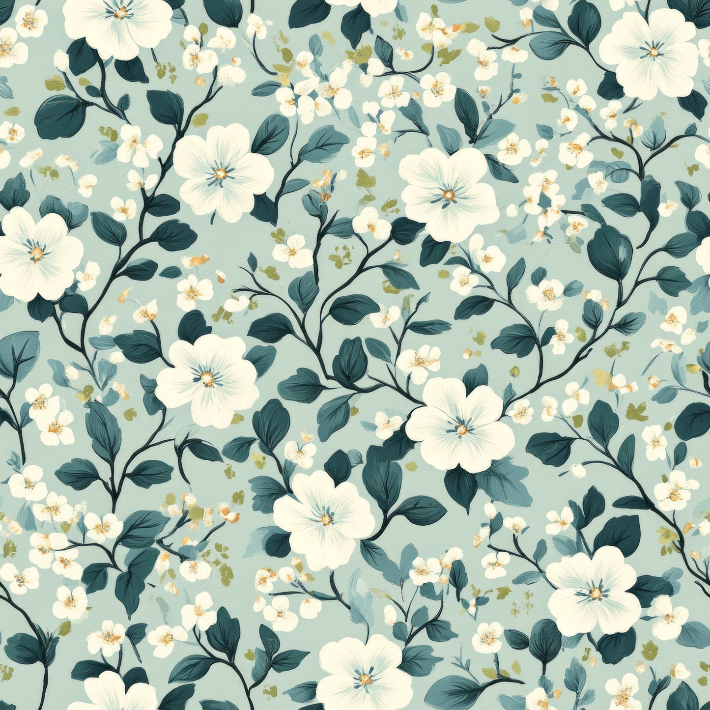 cornflower blue, sage green, cream white, floral pattern, botanical design, delicate flowers, branching stems, leaves, nature motif, quilting cotton, fabric panel, soft pastels, vintage style, romantic florals, seamless repeat, garden blooms, feminine design, crafting material, sewing fabric, spring flowers