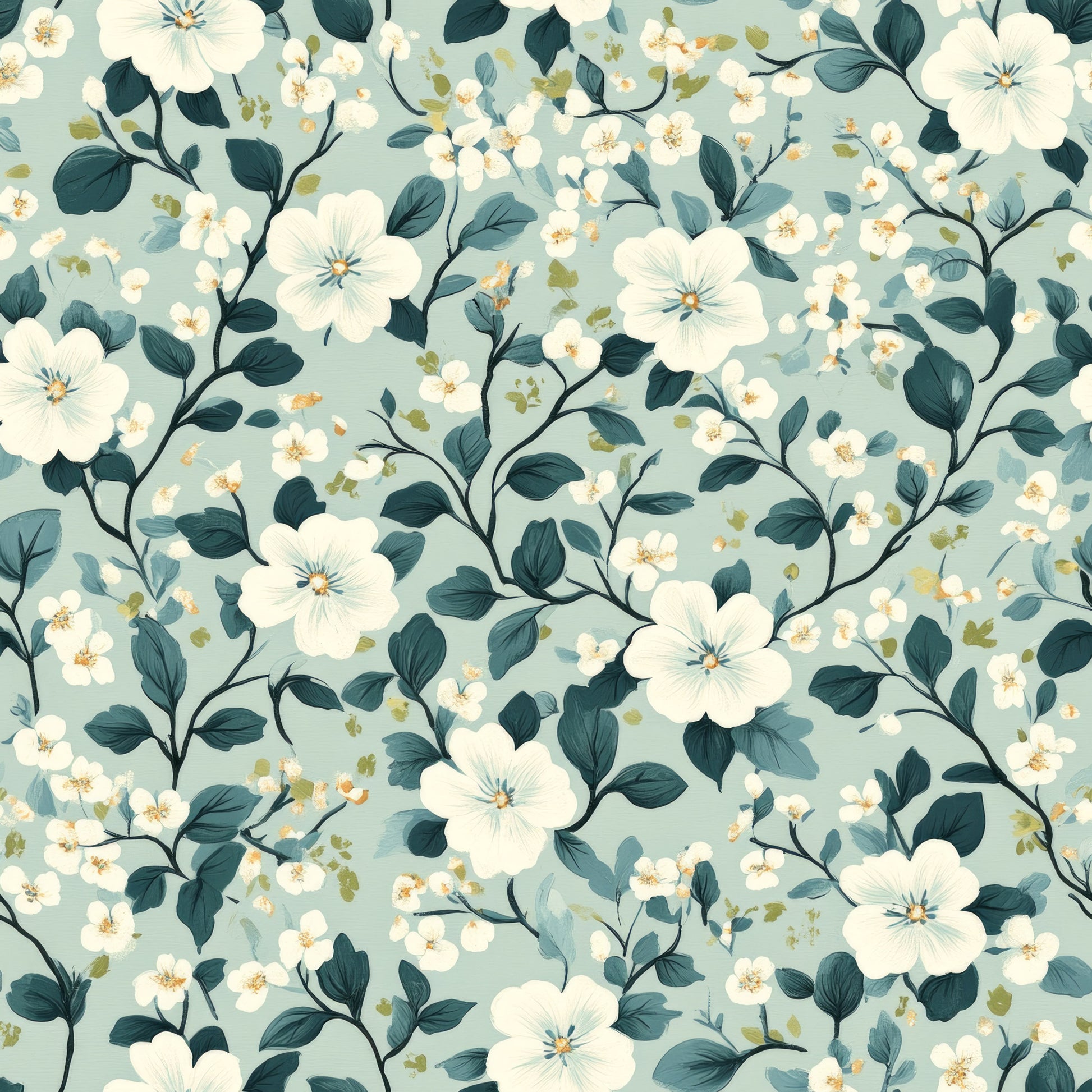 cornflower blue, sage green, cream white, floral pattern, botanical design, delicate flowers, branching stems, leaves, nature motif, quilting cotton, fabric panel, soft pastels, vintage style, romantic florals, seamless repeat, garden blooms, feminine design, crafting material, sewing fabric, spring flowers