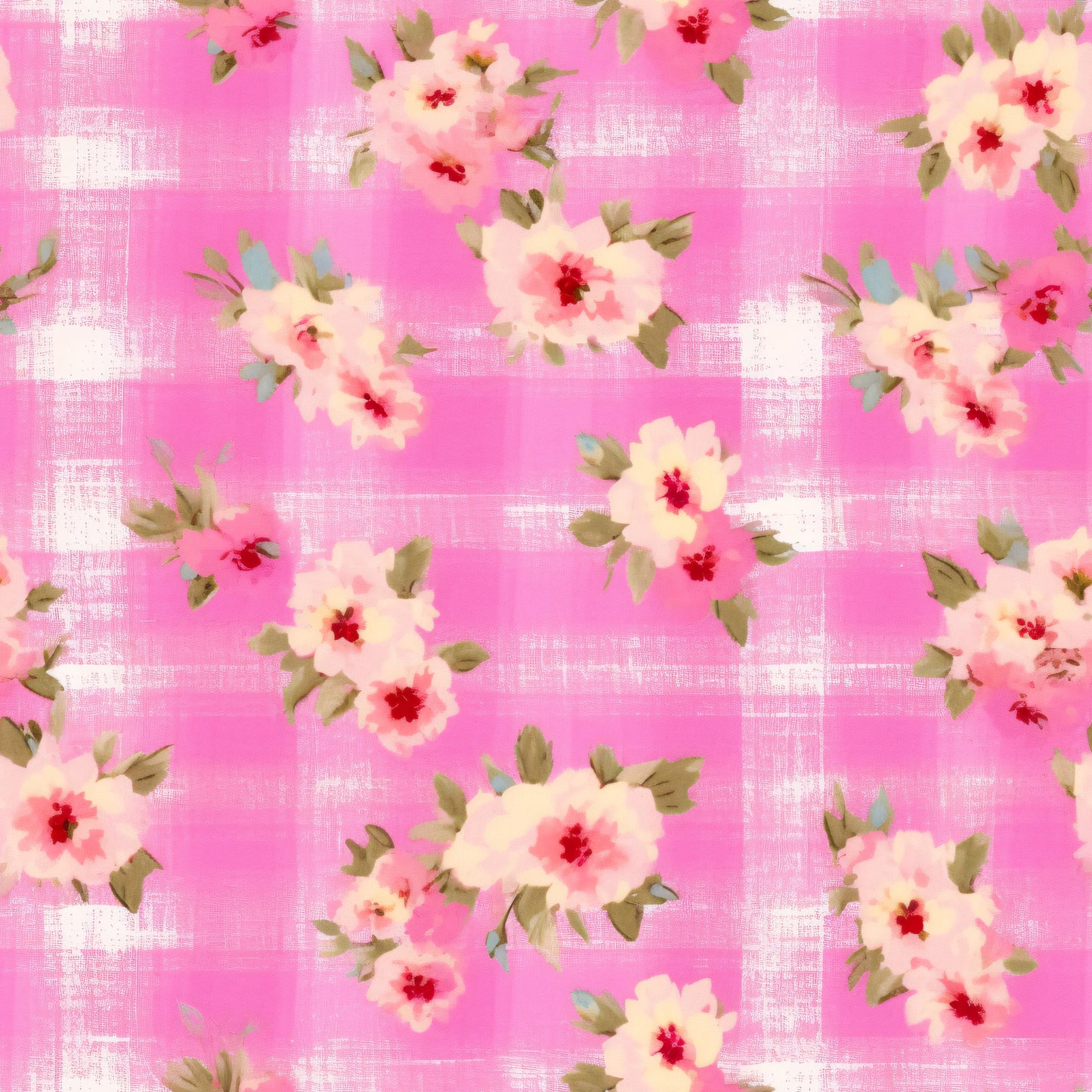 pink, floral pattern, cotton fabric, quilting panel, cream flowers, red centers, green leaves, feminine design, romantic style, vintage inspired, shabby chic, country girl, plaid background, soft pastels, blooming roses, fabric craft, sewing material, repeating motif, spring theme