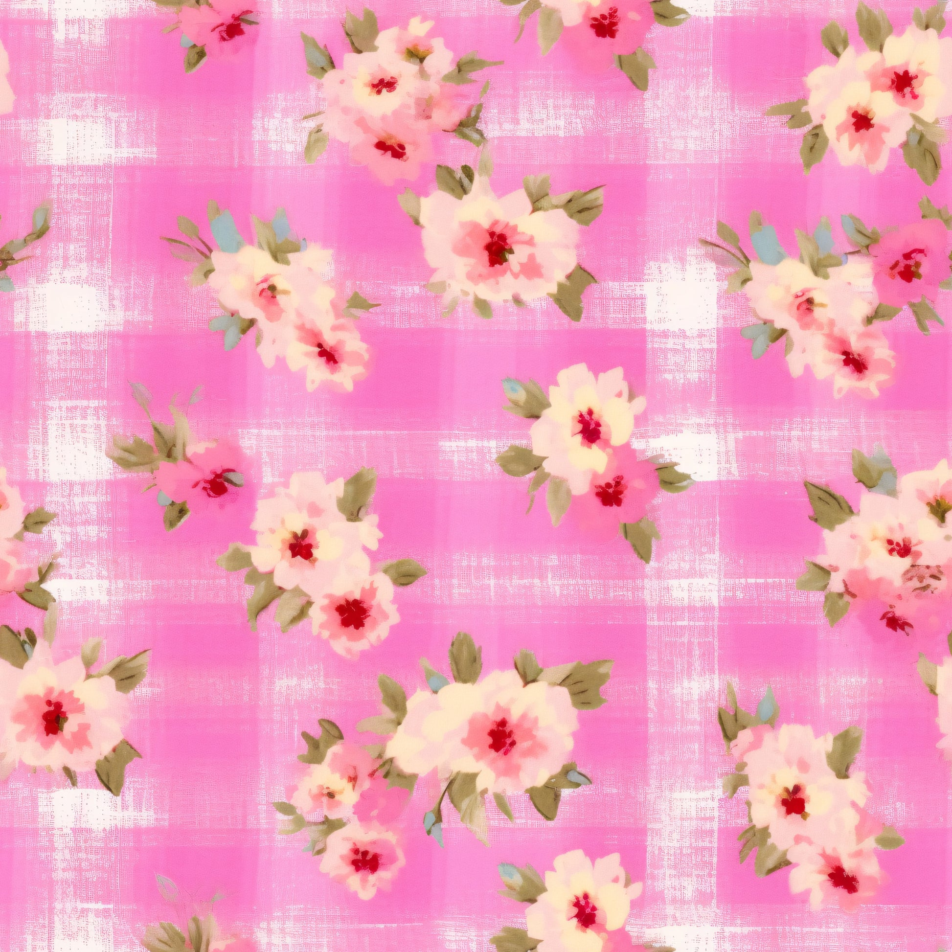 pink, floral pattern, cotton fabric, quilting panel, cream flowers, red centers, green leaves, feminine design, romantic style, vintage inspired, shabby chic, country girl, plaid background, soft pastels, blooming roses, fabric craft, sewing material, repeating motif, spring theme