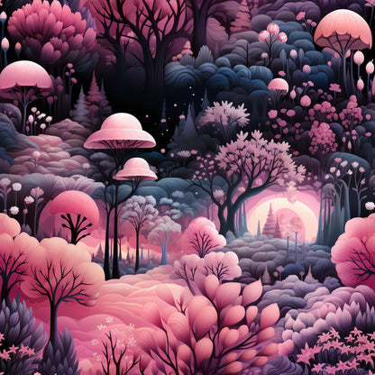 pink, purple, coral, lavender, navy, mushrooms, fantasy forest, enchanted woodland, whimsical trees, magical landscape, dreamy atmosphere, cotton fabric, quilting panel, winter wonderland, fairy tale scene, mystical garden, soft pastels, ethereal lighting, nature motifs, christmas fabric