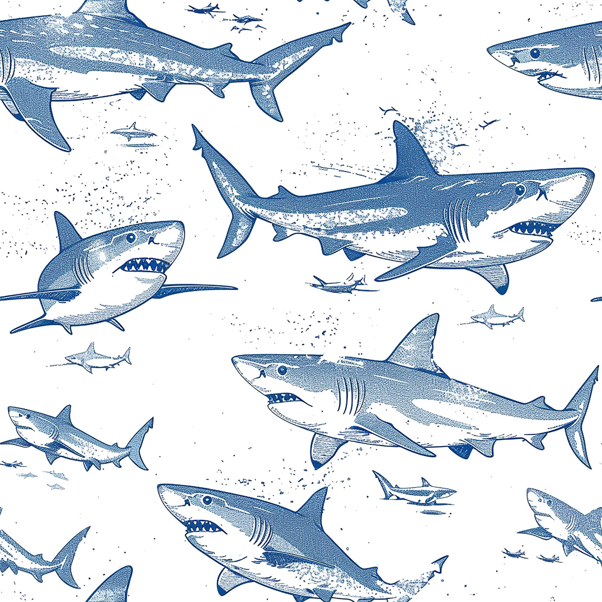 blue sharks, white background, marine animals, ocean creatures, swimming sharks, nautical theme, sea life, blue and white, repeating pattern, quilting cotton, fabric panel, sketched illustration, underwater scene, shark silhouettes, maritime design, aquatic animals, ocean pattern, coastal theme, nature wildlife, swimming motion
