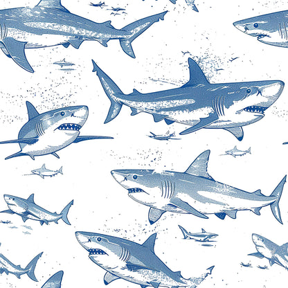 blue sharks, white background, marine animals, ocean creatures, swimming sharks, nautical theme, sea life, blue and white, repeating pattern, quilting cotton, fabric panel, sketched illustration, underwater scene, shark silhouettes, maritime design, aquatic animals, ocean pattern, coastal theme, nature wildlife, swimming motion