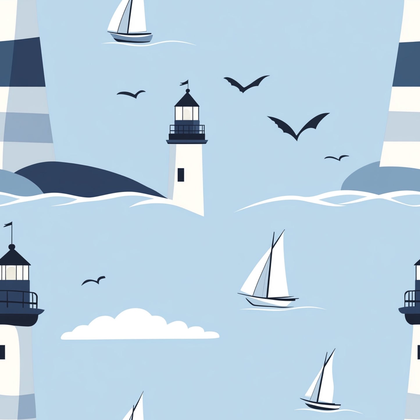 lighthouse pattern, sailboat design, seagulls flying, ocean waves, nautical theme, light blue background, white sails, navy blue accents, coastal scene, maritime motif, quilting cotton, fabric panel, seaside atmosphere, sailing boats, lighthouse beacon, birds in flight, water waves, coastal living, marine theme, sailing adventure