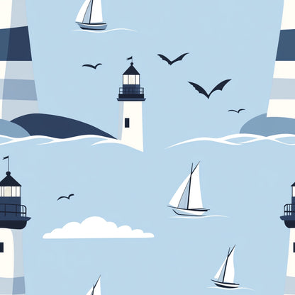 lighthouse pattern, sailboat design, seagulls flying, ocean waves, nautical theme, light blue background, white sails, navy blue accents, coastal scene, maritime motif, quilting cotton, fabric panel, seaside atmosphere, sailing boats, lighthouse beacon, birds in flight, water waves, coastal living, marine theme, sailing adventure