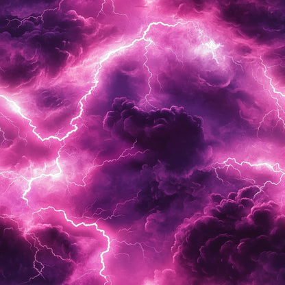 purple, magenta, pink, fuchsia, lightning bolts, thunderstorm, storm clouds, dramatic sky, electric atmosphere, quilting cotton, fabric panel, weather pattern, stormy mood, vibrant colors, lightning strikes, cloud formations, atmospheric design, tempest theme, electric energy, storm scene