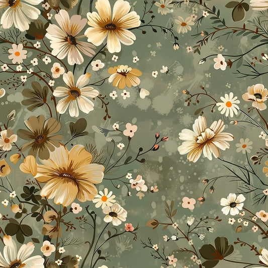 sage green, cream flowers, golden yellow, cottagecore aesthetic, floral pattern, botanical design, daisy blooms, vintage style, quilting cotton, fabric panel, nature motif, soft pastels, wildflower meadow, romantic florals, delicate branches, whimsical garden, muted tones, scattered blossoms