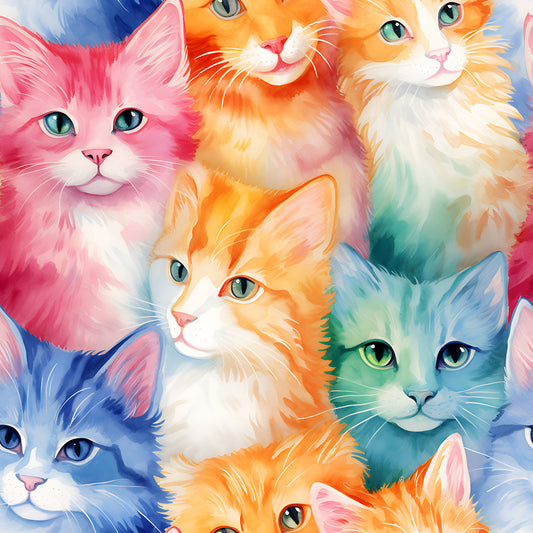 colorful kittens, pink cats, orange cats, blue cats, green cats, watercolor style, packed pattern, cute animals, quilting cotton, fabric panel, bright colors, feline faces, artistic cats, vibrant hues, pet themed, whimsical design, cotton fabric, crafting material