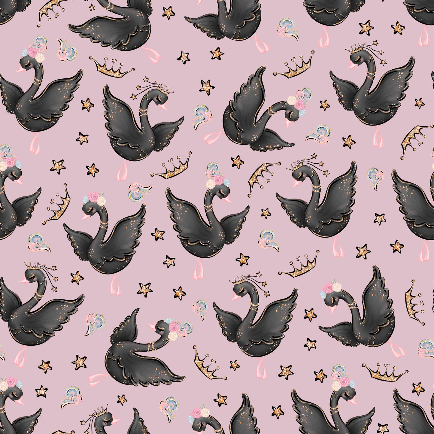 pink background, black swans, golden crowns, stars, bubbles, whimsical pattern, ballet theme, quilting cotton, fabric panel, cute animals, magical design, girly motif, pastel colors, scattered elements, dancing swans, princess theme, kawaii style, repeat pattern, crafting fabric, nursery design