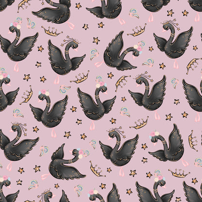 pink background, black swans, golden crowns, stars, bubbles, whimsical pattern, ballet theme, quilting cotton, fabric panel, cute animals, magical design, girly motif, pastel colors, scattered elements, dancing swans, princess theme, kawaii style, repeat pattern, crafting fabric, nursery design