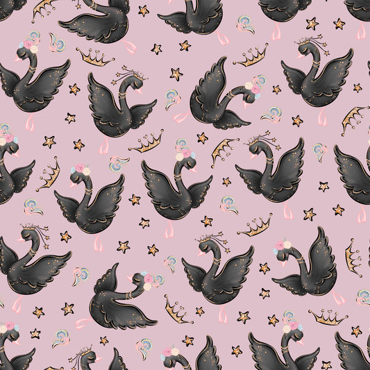 pink background, black swans, golden crowns, stars, bubbles, whimsical pattern, ballet theme, quilting cotton, fabric panel, cute animals, magical design, girly motif, pastel colors, scattered elements, dancing swans, princess theme, kawaii style, repeat pattern, crafting fabric, nursery design