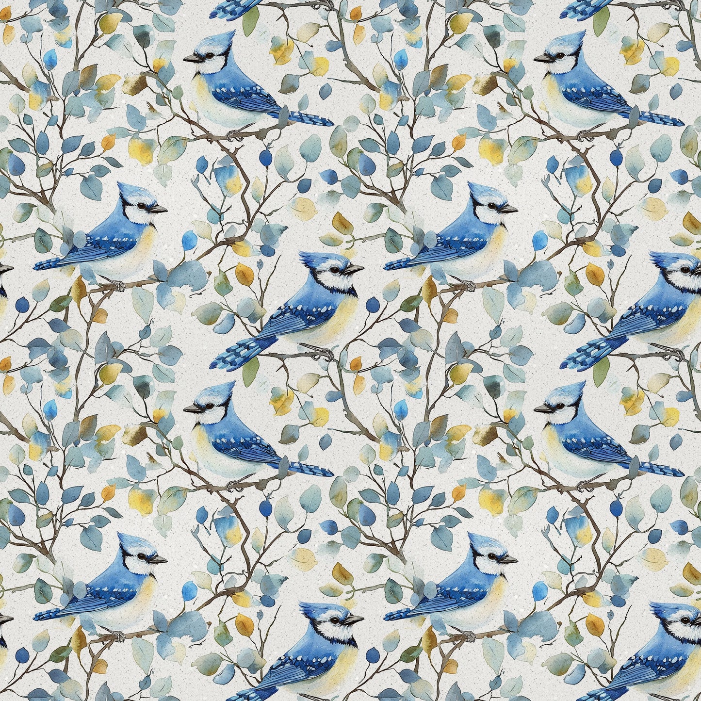 blue jay, watercolor style, bird pattern, floral branches, seamless repeat, quilting cotton, fabric panel, nature motif, blue feathers, botanical design, perched birds, leafy vines, soft pastels, yellow accents, green foliage, white background, delicate artwork, wildlife theme, spring elements, crafting fabric