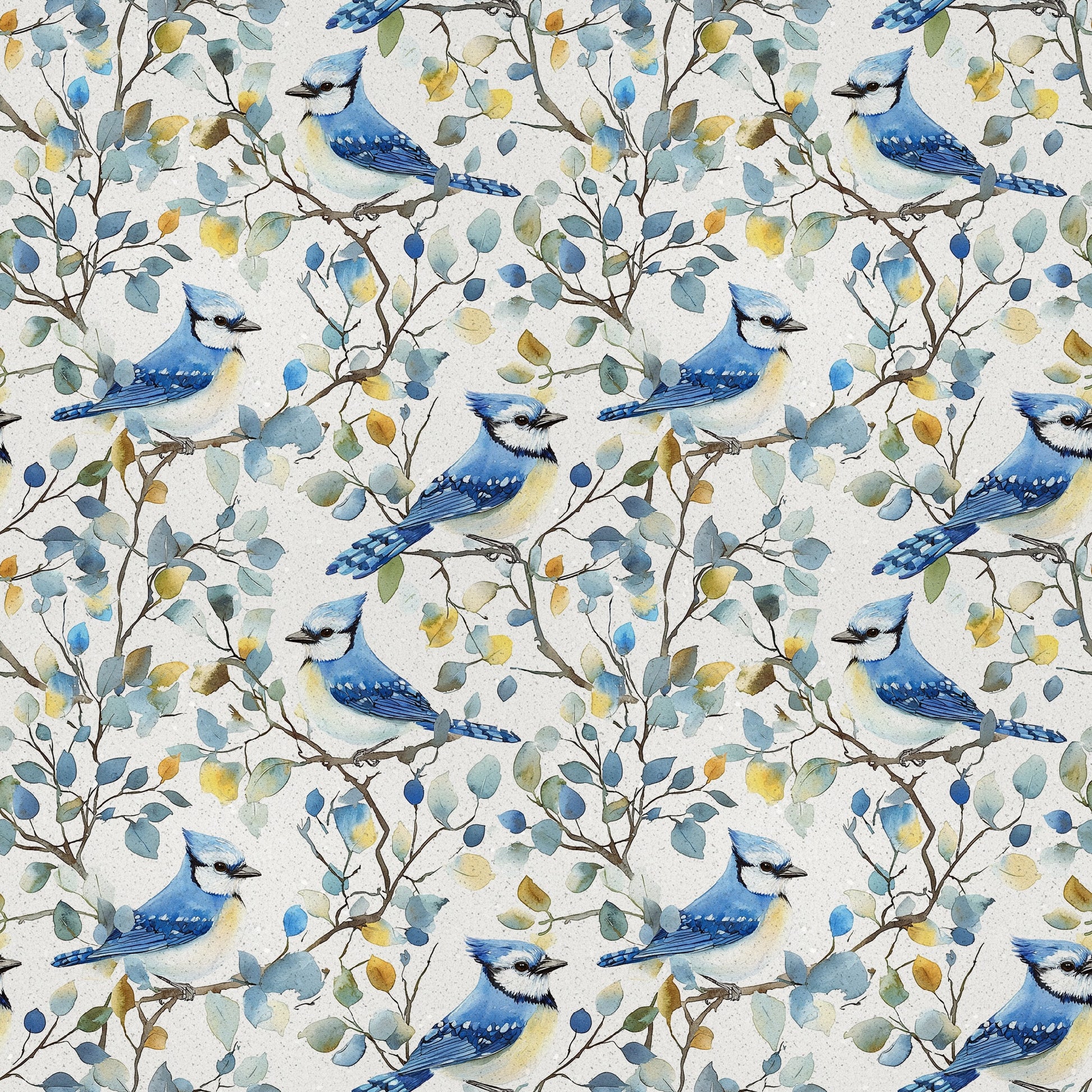 blue jay, watercolor style, bird pattern, floral branches, seamless repeat, quilting cotton, fabric panel, nature motif, blue feathers, botanical design, perched birds, leafy vines, soft pastels, yellow accents, green foliage, white background, delicate artwork, wildlife theme, spring elements, crafting fabric