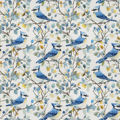 blue jay, watercolor style, bird pattern, floral branches, seamless repeat, quilting cotton, fabric panel, nature motif, blue feathers, botanical design, perched birds, leafy vines, soft pastels, yellow accents, green foliage, white background, delicate artwork, wildlife theme, spring elements, crafting fabric
