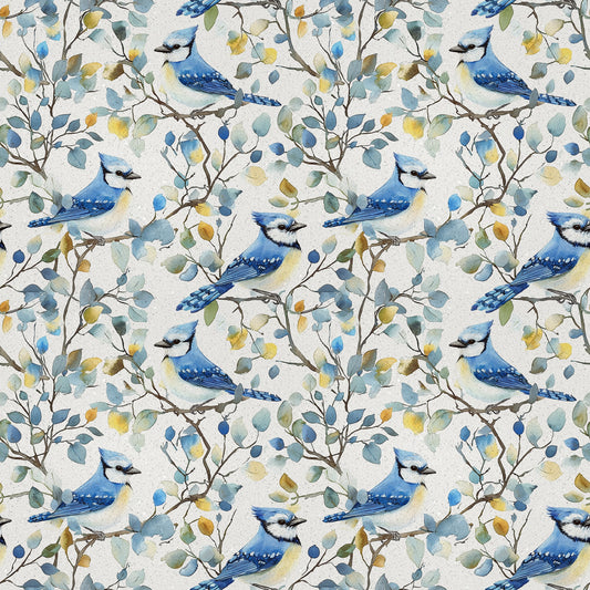 blue jay, watercolor style, bird pattern, floral branches, seamless repeat, quilting cotton, fabric panel, nature motif, blue feathers, botanical design, perched birds, leafy vines, soft pastels, yellow accents, green foliage, white background, delicate artwork, wildlife theme, spring elements, crafting fabric