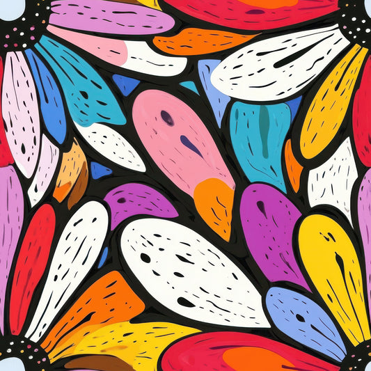 petal shapes, abstract florals, vibrant colors, pink, purple, yellow, orange, blue, white, red, turquoise, geometric pattern, modern art style, contemporary design, quilting cotton, fabric panel, colorful motifs, artistic pattern, bright palette, stained glass effect