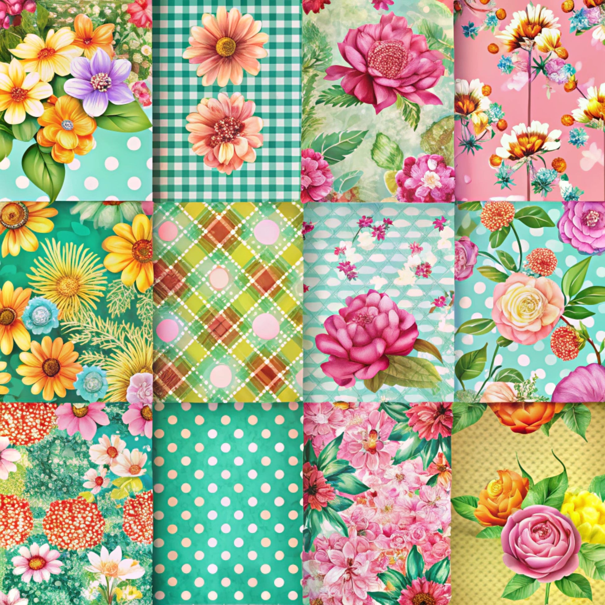 spring flowers, patchwork blocks, quilting cotton, fabric panel, floral motifs, roses, daisies, gingham checks, polka dots, plaid pattern, teal green, coral pink, yellow blooms, purple flowers, orange petals, botanical designs, garden theme, cheerful mood, vintage style, cottage core