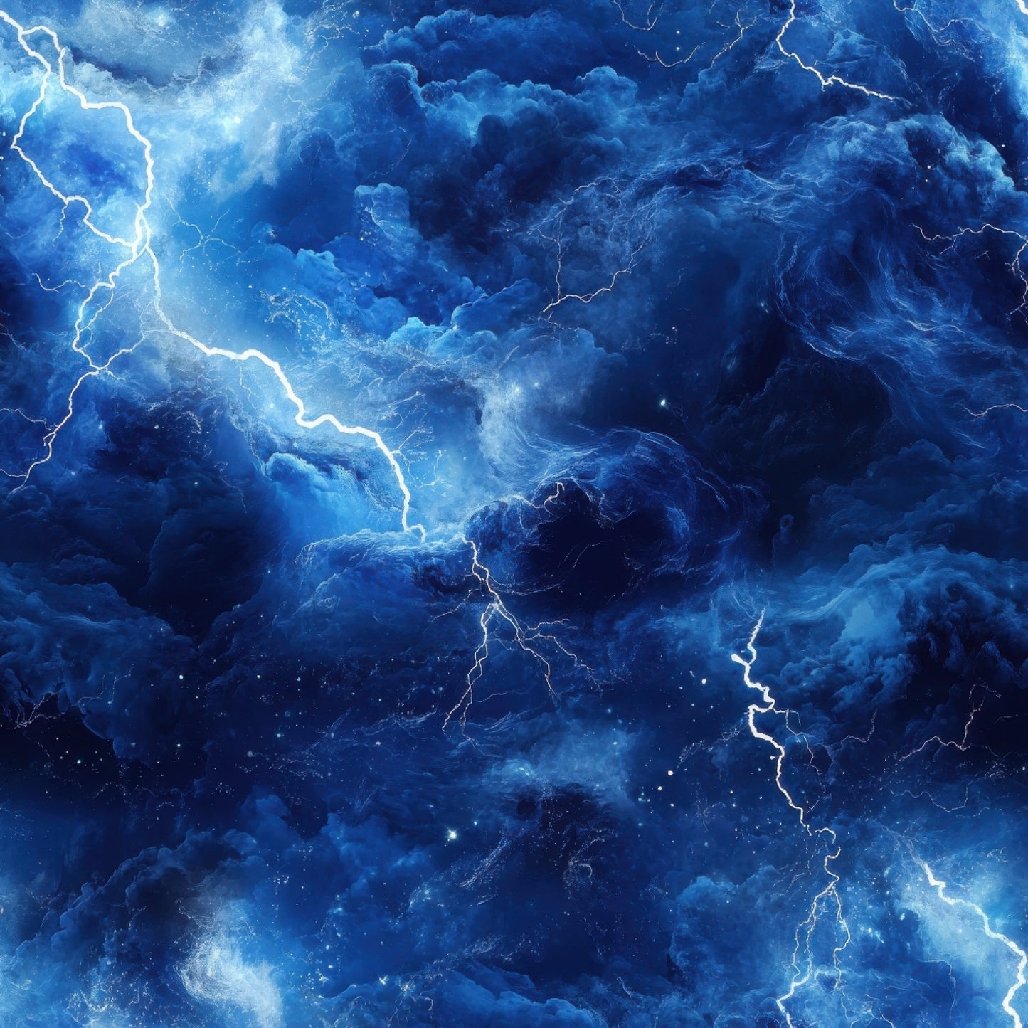 deep blue, navy blue, electric blue, cobalt, lightning bolts, thunderstorm, storm clouds, dramatic sky, electrical discharge, weather pattern, stormy atmosphere, swirling clouds, bright lightning, jagged bolts, tempest, meteorological, storm system, quilting cotton, fabric panel, nature elements