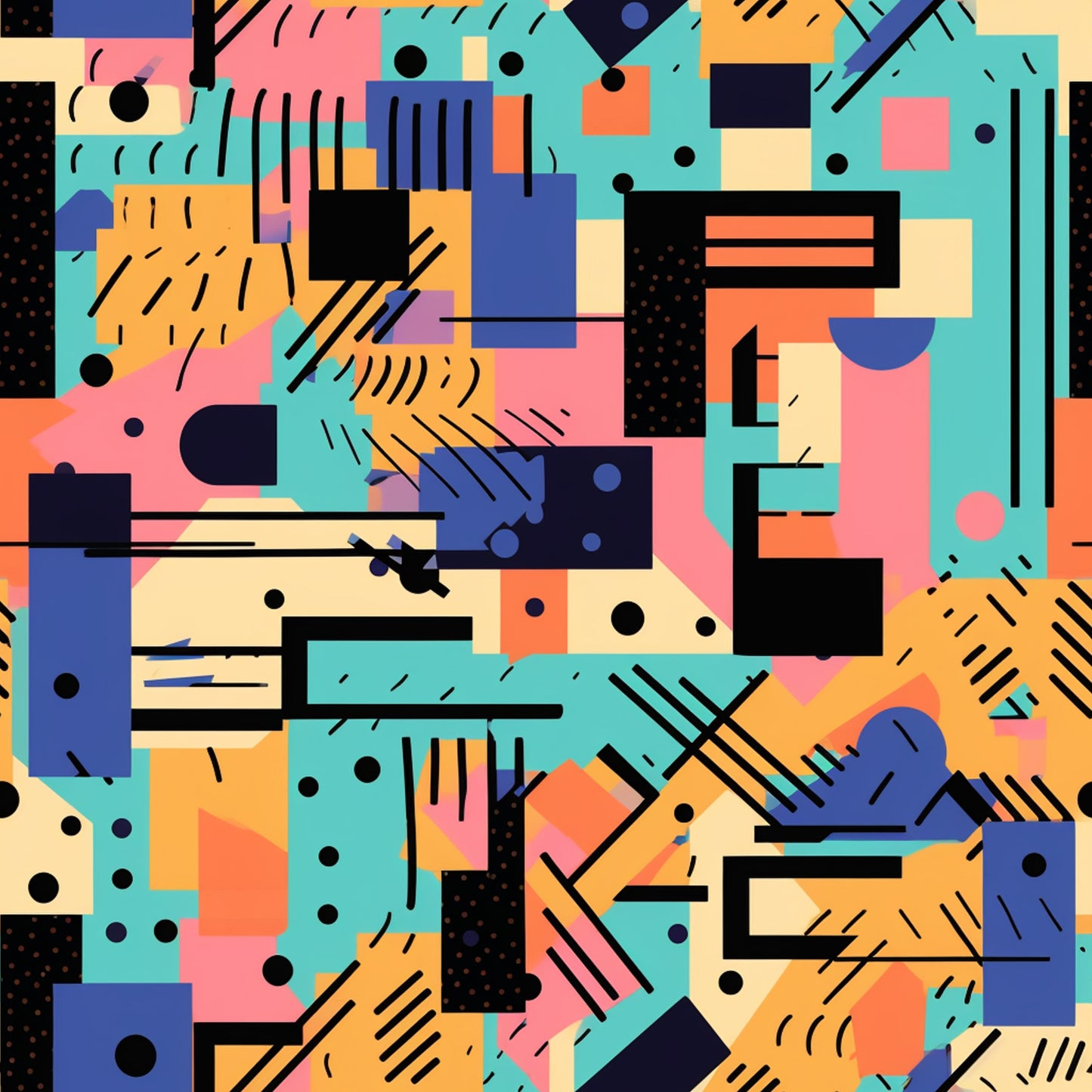 geometric abstract, retro modern, teal, coral pink, navy blue, orange, yellow, black accents, memphis style, 80s inspired, contemporary art, overlapping shapes, diagonal lines, dots pattern, quilting cotton, fabric panel, artistic composition, vibrant colors, graphic design, angular forms
