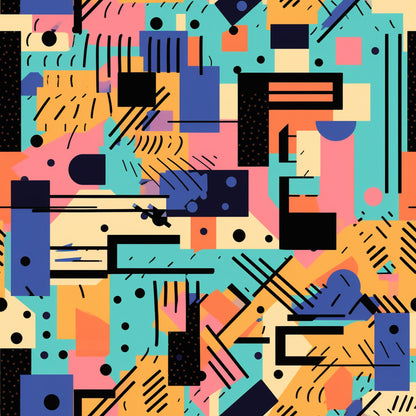 geometric abstract, retro modern, teal, coral pink, navy blue, orange, yellow, black accents, memphis style, 80s inspired, contemporary art, overlapping shapes, diagonal lines, dots pattern, quilting cotton, fabric panel, artistic composition, vibrant colors, graphic design, angular forms