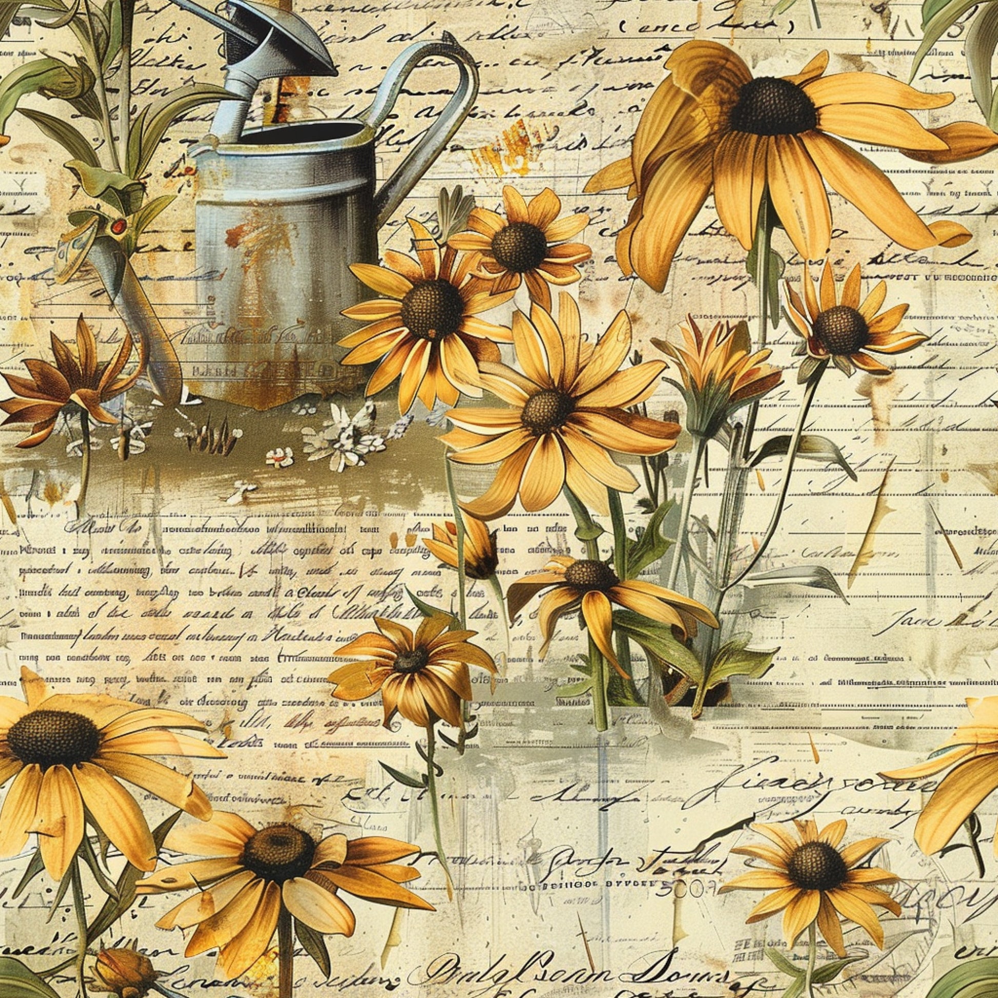yellow flowers, orange petals, black-eyed susan, rudbeckia, watering can, galvanized metal, vintage script, handwritten text, botanical illustration, golden yellow, amber orange, sepia tones, cream background, gardening theme, floral motif, rustic style, cottage garden, quilting cotton, fabric panel, farmhouse aesthetic