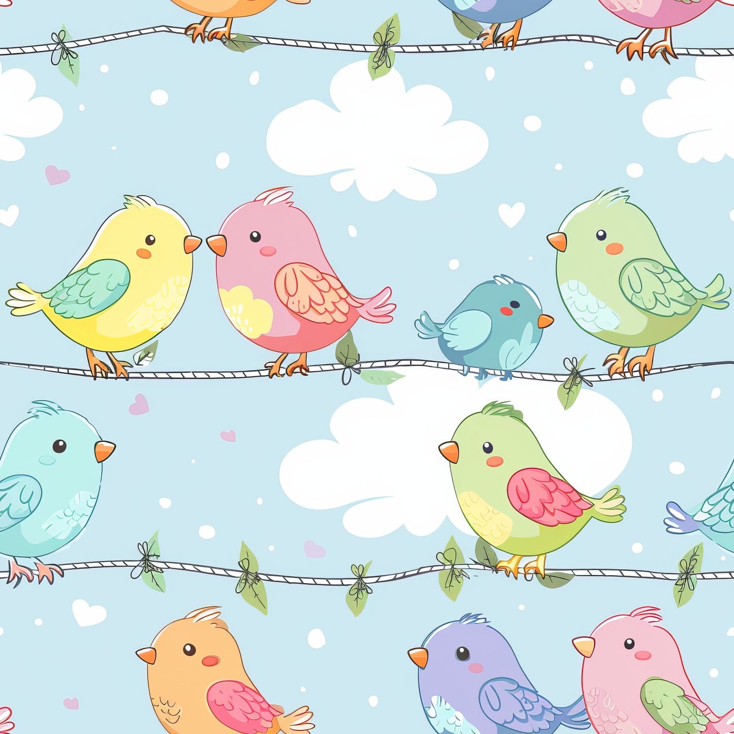 cute birds, pastel colors, yellow birds, pink birds, blue birds, green birds, wire perch, kawaii style, whimsical design, cotton fabric, quilting panel, seamless pattern, soft blue background, white clouds, cartoon birds, cheerful mood, nursery theme, bird illustration, fabric repeat, children's fabric