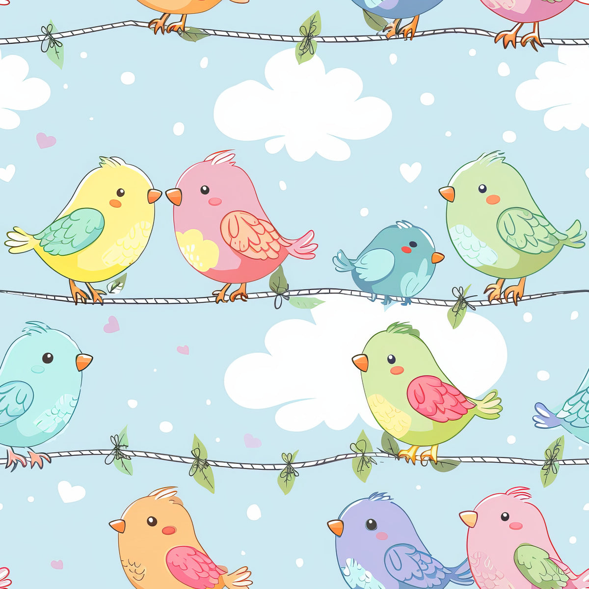 cute birds, pastel colors, yellow birds, pink birds, blue birds, green birds, wire perch, kawaii style, whimsical design, cotton fabric, quilting panel, seamless pattern, soft blue background, white clouds, cartoon birds, cheerful mood, nursery theme, bird illustration, fabric repeat, children's fabric