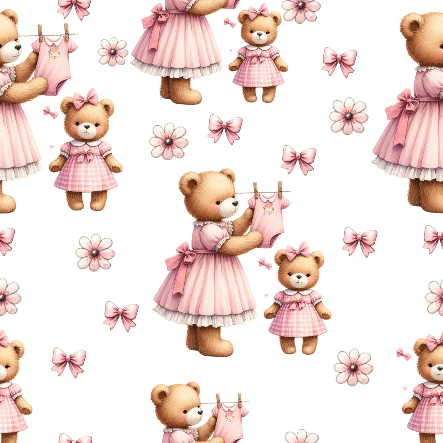 pink, baby pink, blush pink, teddy bears, cute bears, baby clothes, gingham dress, pink bows, flowers, floral motifs, clothesline, baby onesie, nursery theme, kawaii style, whimsical, adorable characters, quilting cotton, fabric panel, seamless pattern, baby girl theme, soft pastels, repeating design