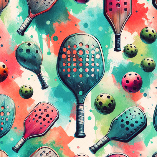 watercolor, pickleball, paddles, balls, sports equipment, coral pink, turquoise, mint green, sage green, artistic style, painted effect, quilting cotton, fabric panel, athletic theme, recreational sports, modern illustration, scattered pattern, playful design, contemporary art, crafting material