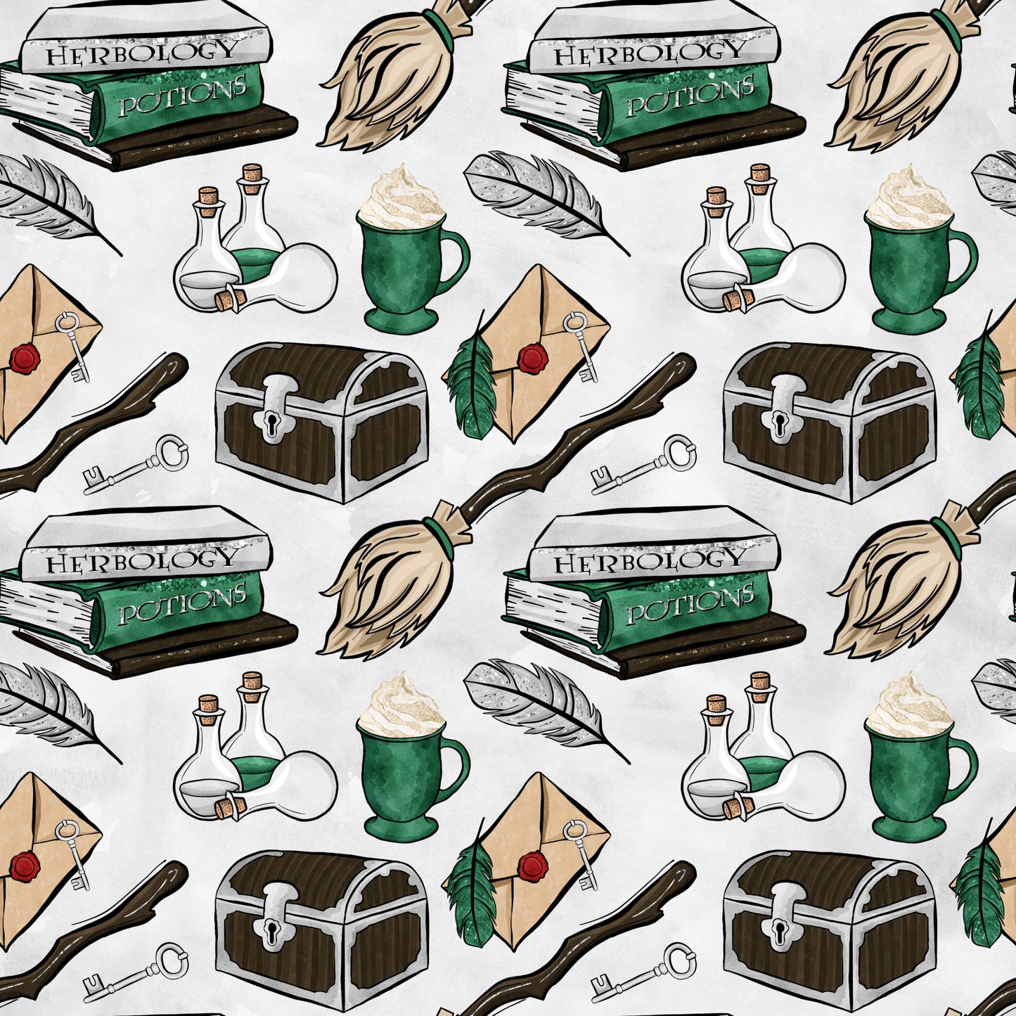 green, brown, beige, wizard pattern, magic school, herbology books, potions bottles, broomsticks, treasure chest, quill feathers, wax seal letters, cauldron mug, magical items, whimsical illustration, cartoon style, quilting cotton, fabric panel, wizard theme, school supplies, fantasy elements