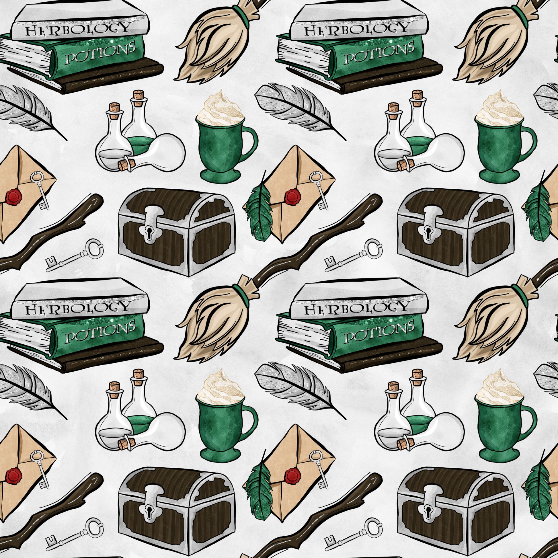 green, brown, beige, wizard pattern, magic school, herbology books, potions bottles, broomsticks, treasure chest, quill feathers, wax seal letters, cauldron mug, magical items, whimsical illustration, cartoon style, quilting cotton, fabric panel, wizard theme, school supplies, fantasy elements