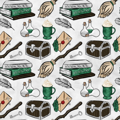 green, brown, beige, wizard pattern, magic school, herbology books, potions bottles, broomsticks, treasure chest, quill feathers, wax seal letters, cauldron mug, magical items, whimsical illustration, cartoon style, quilting cotton, fabric panel, wizard theme, school supplies, fantasy elements