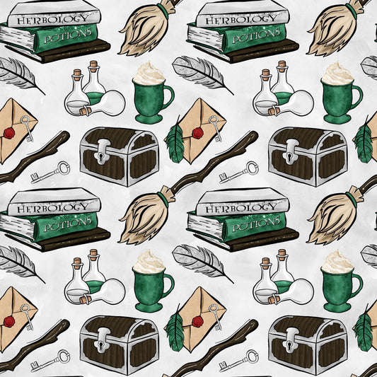 green, brown, beige, wizard pattern, magic school, herbology books, potions bottles, broomsticks, treasure chest, quill feathers, wax seal letters, cauldron mug, magical items, whimsical illustration, cartoon style, quilting cotton, fabric panel, wizard theme, school supplies, fantasy elements