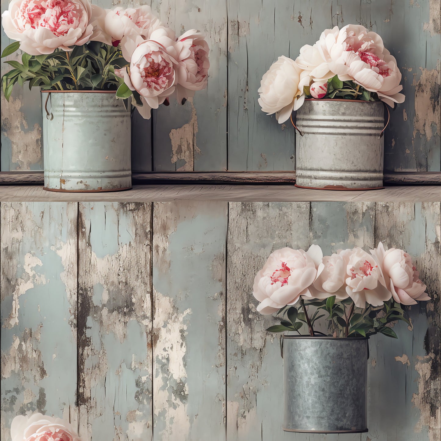 pink peonies, white flowers, galvanized buckets, rustic containers, weathered wood, peeling paint, shabby chic, vintage style, floral arrangement, soft pink, blush tones, farmhouse aesthetic, quilting cotton, fabric panel, botanical design, country style, distressed finish, romantic florals, pastel palette, cottage core