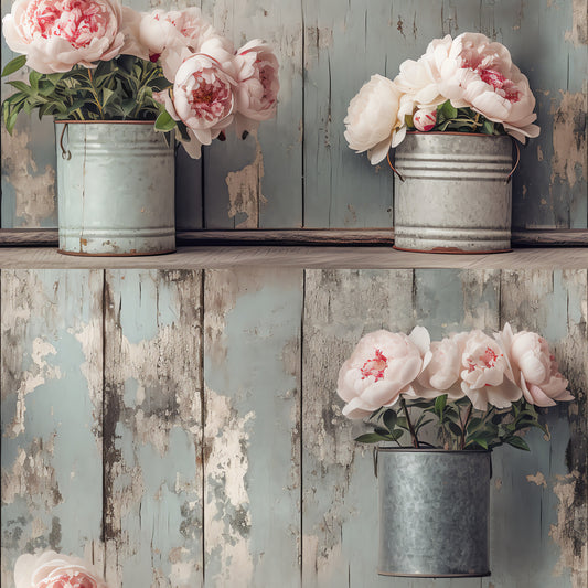 pink peonies, white flowers, galvanized buckets, rustic containers, weathered wood, peeling paint, shabby chic, vintage style, floral arrangement, soft pink, blush tones, farmhouse aesthetic, quilting cotton, fabric panel, botanical design, country style, distressed finish, romantic florals, pastel palette, cottage core