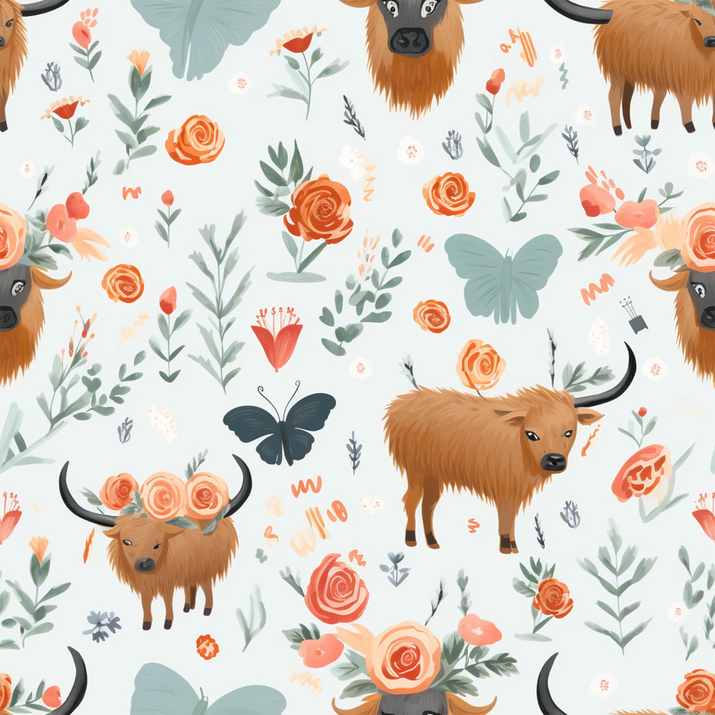 highland cows, orange roses, sage green, coral flowers, butterflies, floral pattern, handdrawn illustration, pastoral design, quilting cotton, fabric panel, botanical elements, leafy branches, whimsical style, nature motifs, farm animals, horned cattle, artistic rendering, soft pastels, country theme, repeating pattern