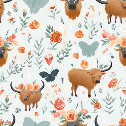 highland cows, orange roses, sage green, coral flowers, butterflies, floral pattern, handdrawn illustration, pastoral design, quilting cotton, fabric panel, botanical elements, leafy branches, whimsical style, nature motifs, farm animals, horned cattle, artistic rendering, soft pastels, country theme, repeating pattern