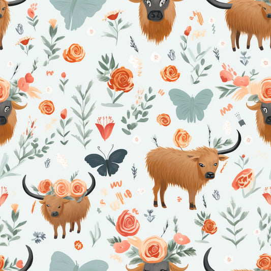 Handdrawn Highland Cows Pattern 5 Quilting Cotton Fabric