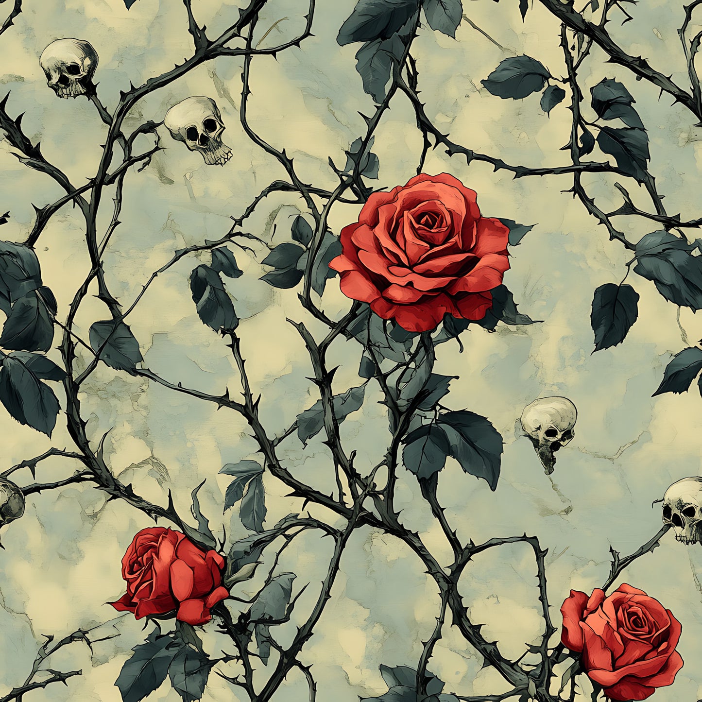 red roses, skulls, thorny vines, gothic pattern, cream background, green leaves, dark thorns, muted tones, quilting cotton, fabric panel, spooky motif, botanical skulls, rose brambles, vintage gothic, halloween theme, macabre floral, ivory base, deep red blooms, thorn branches, eerie garden