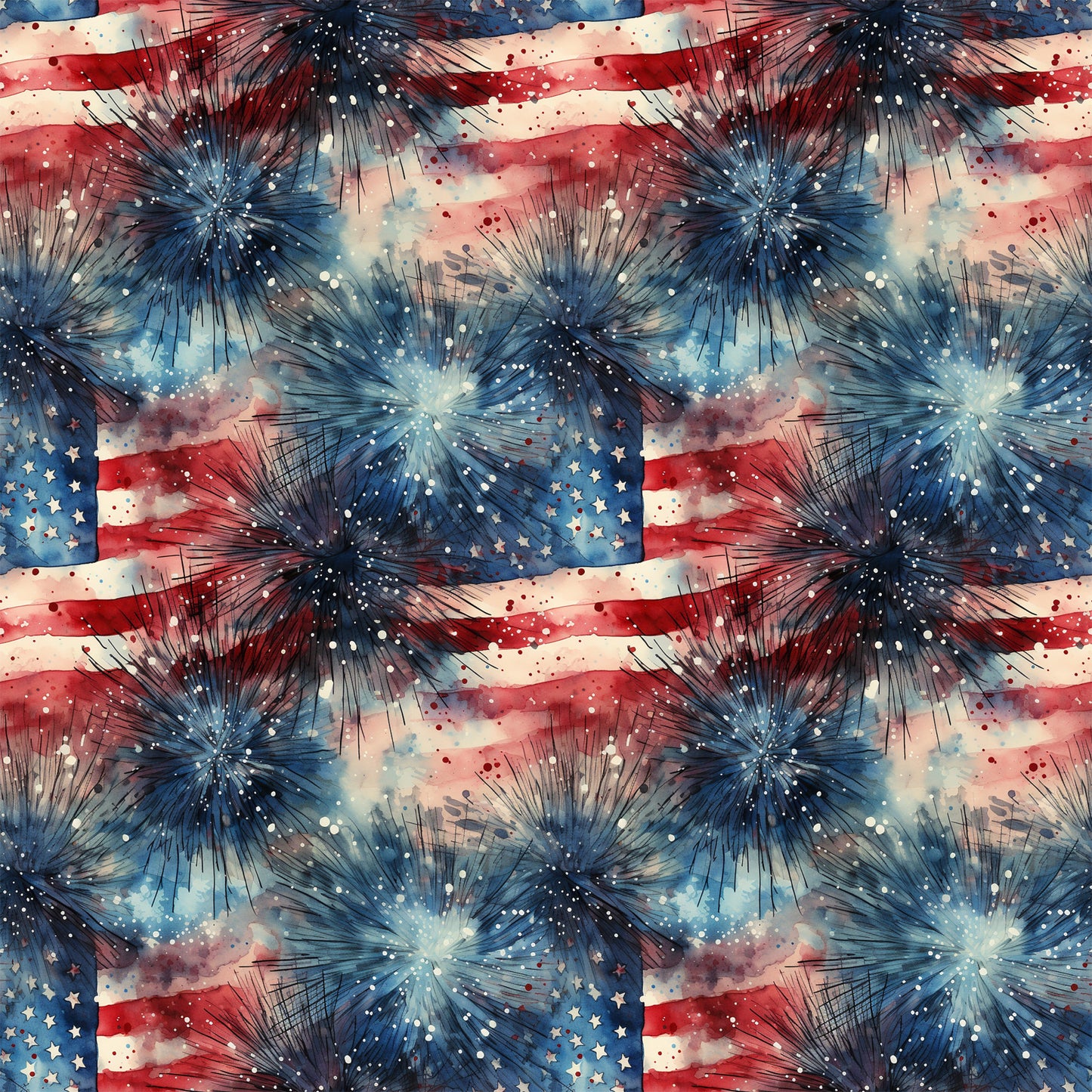 red white blue, patriotic, fireworks, stars, stripes, grunge, watercolor, distressed, fourth of july, americana, quilting cotton, fabric panel, explosive bursts, vintage style, weathered look, celebration, independence day, starburst pattern, textured design, repeating motif
