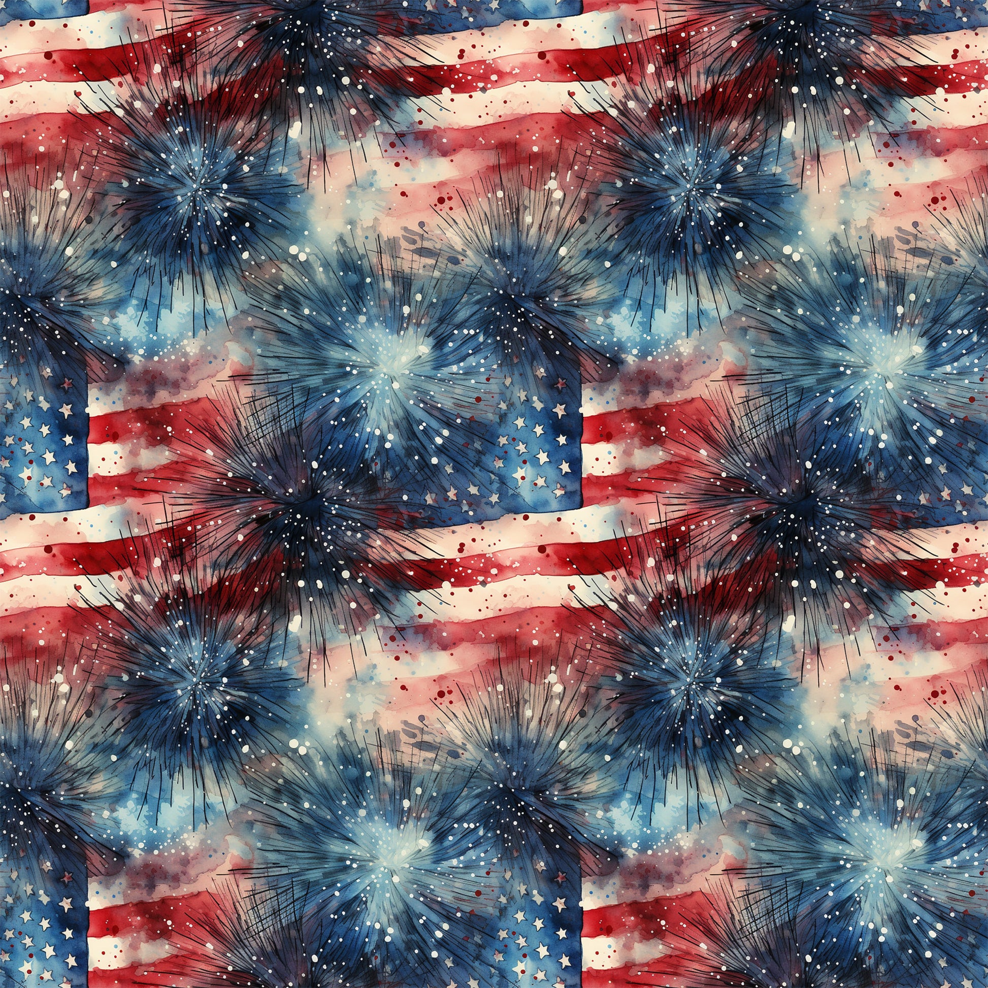red white blue, patriotic, fireworks, stars, stripes, grunge, watercolor, distressed, fourth of july, americana, quilting cotton, fabric panel, explosive bursts, vintage style, weathered look, celebration, independence day, starburst pattern, textured design, repeating motif