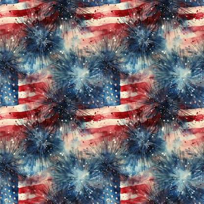 red white blue, patriotic, fireworks, stars, stripes, grunge, watercolor, distressed, fourth of july, americana, quilting cotton, fabric panel, explosive bursts, vintage style, weathered look, celebration, independence day, starburst pattern, textured design, repeating motif