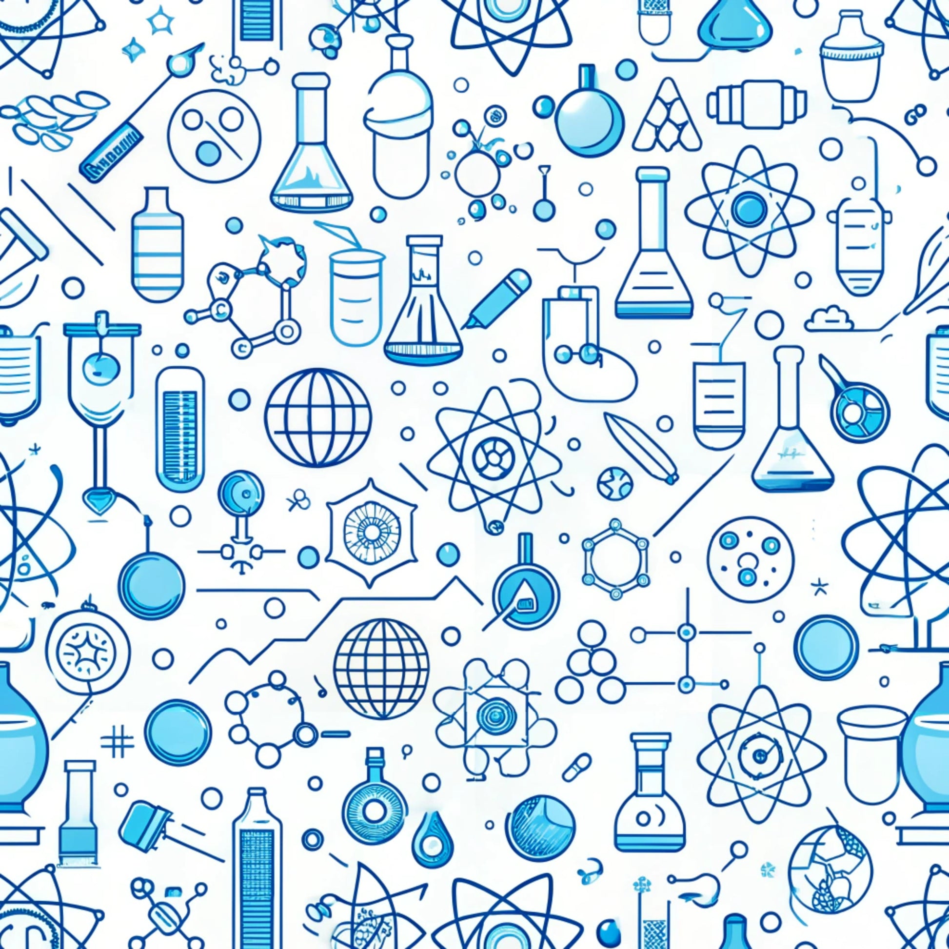 blue, white, science icons, laboratory equipment, beakers, flasks, molecular structures, atoms, test tubes, chemistry, back to school, educational theme, seamless pattern, quilting cotton, fabric panel, scientific instruments, geometric shapes, monochromatic, outline style, school supplies