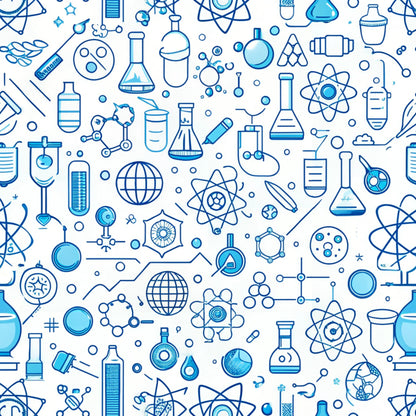 blue, white, science icons, laboratory equipment, beakers, flasks, molecular structures, atoms, test tubes, chemistry, back to school, educational theme, seamless pattern, quilting cotton, fabric panel, scientific instruments, geometric shapes, monochromatic, outline style, school supplies