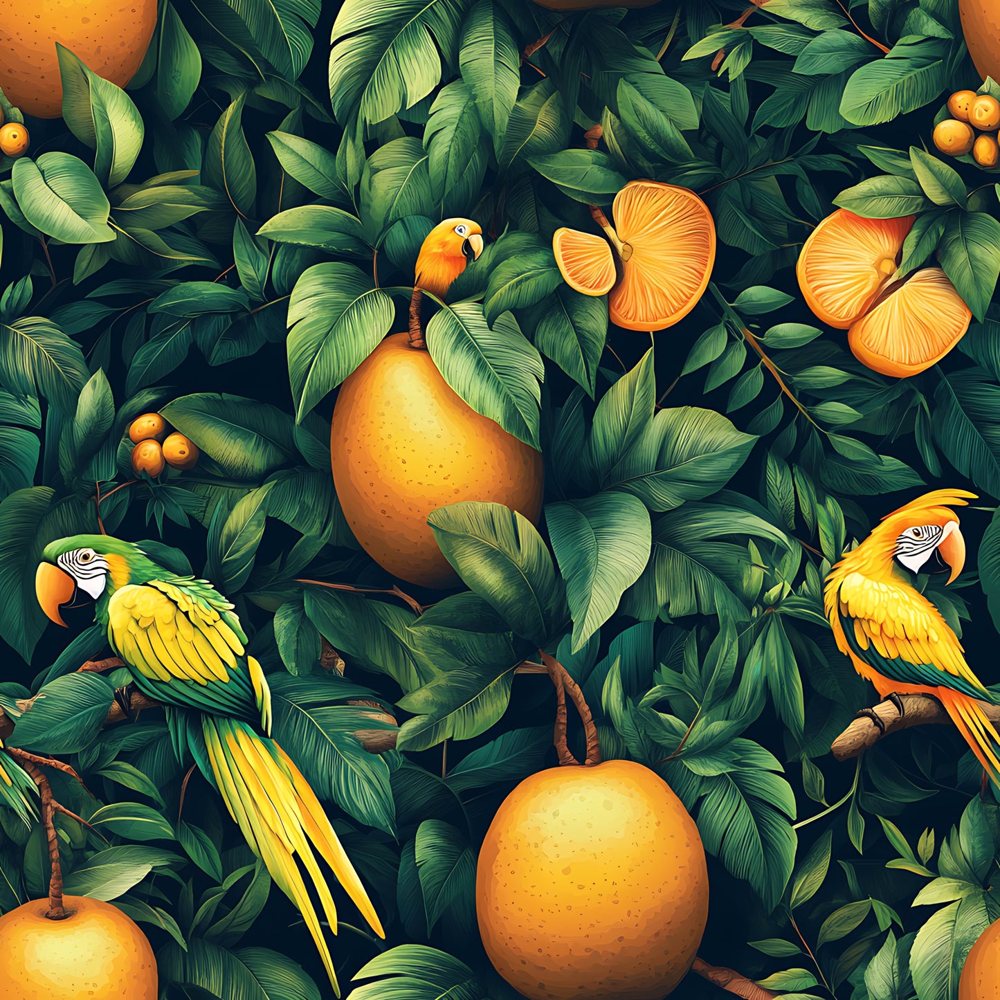 tropical pattern, mango fruits, colorful parrots, macaw birds, lush foliage, green leaves, orange yellow, vibrant colors, jungle theme, exotic birds, botanical design, quilting cotton, fabric panel, tropical paradise, rainforest motif, nature scene, wildlife pattern, bright artwork, seamless repeat, tropical vibes