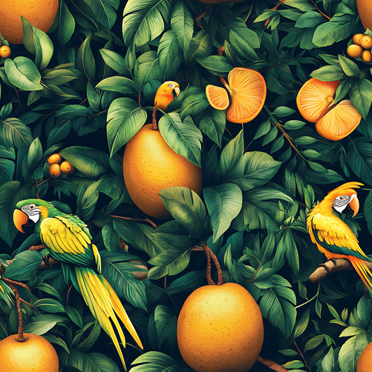 tropical pattern, mango fruits, colorful parrots, macaw birds, lush foliage, green leaves, orange yellow, vibrant colors, jungle theme, exotic birds, botanical design, quilting cotton, fabric panel, tropical paradise, rainforest motif, nature scene, wildlife pattern, bright artwork, seamless repeat, tropical vibes