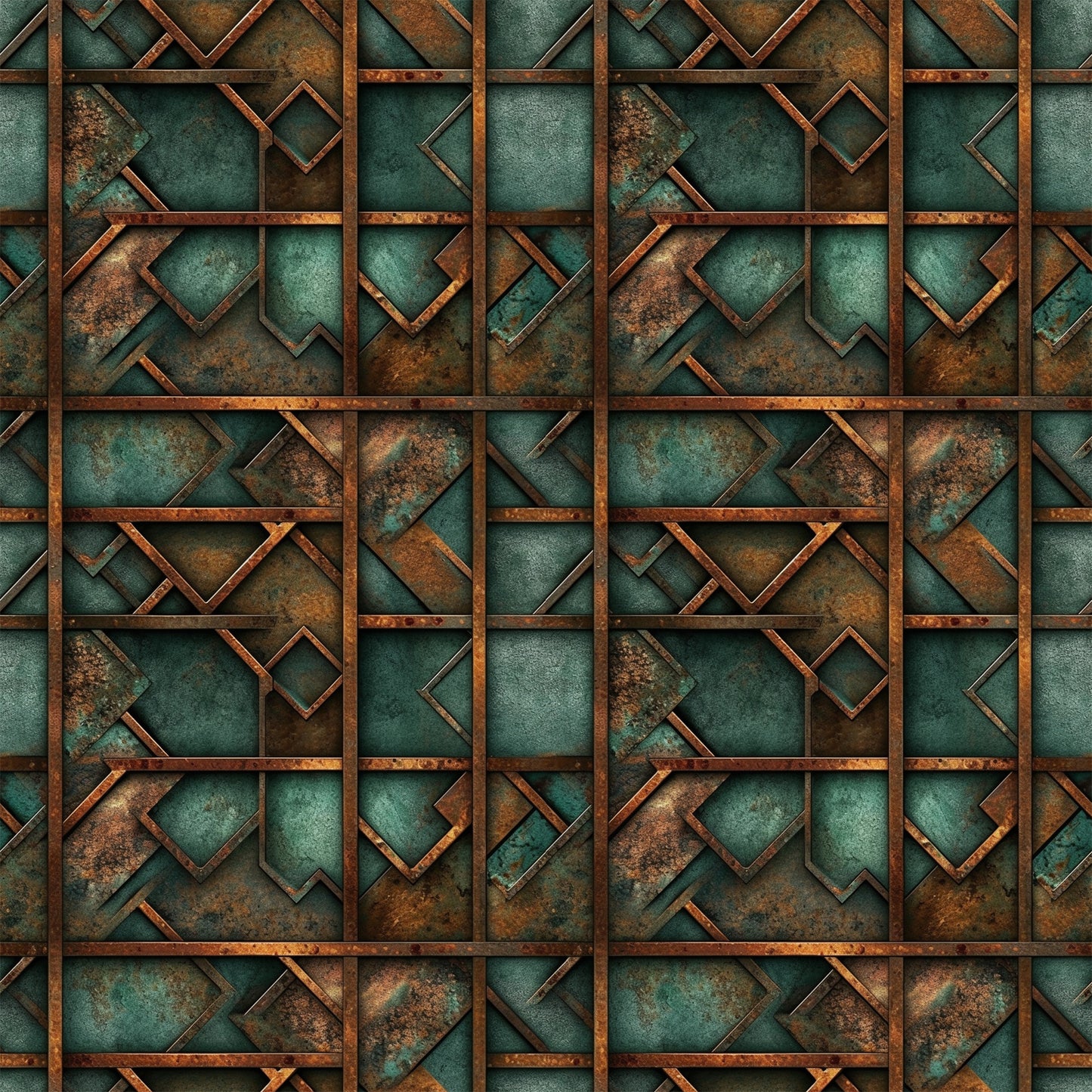 teal, copper, rust, patina, geometric squares, metallic texture, weathered metal, oxidized finish, industrial pattern, angular shapes, vintage patina, steampunk aesthetic, quilting cotton, fabric panel, geometric design, distressed metal, verdigris, bronze tones, abstract squares, aged copper