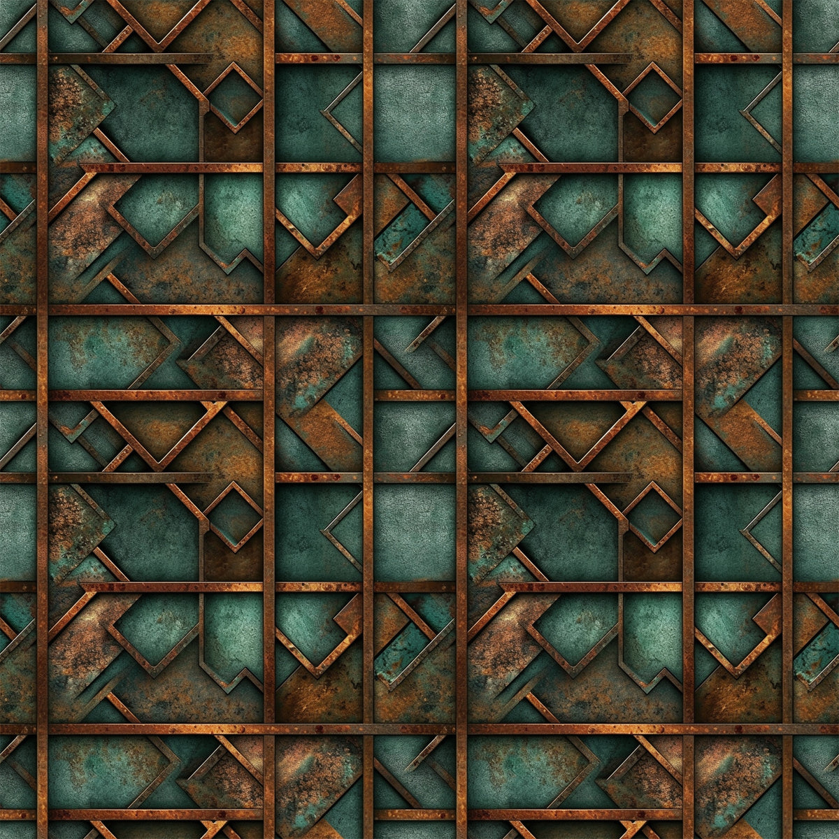 teal, copper, rust, patina, geometric squares, metallic texture, weathered metal, oxidized finish, industrial pattern, angular shapes, vintage patina, steampunk aesthetic, quilting cotton, fabric panel, geometric design, distressed metal, verdigris, bronze tones, abstract squares, aged copper
